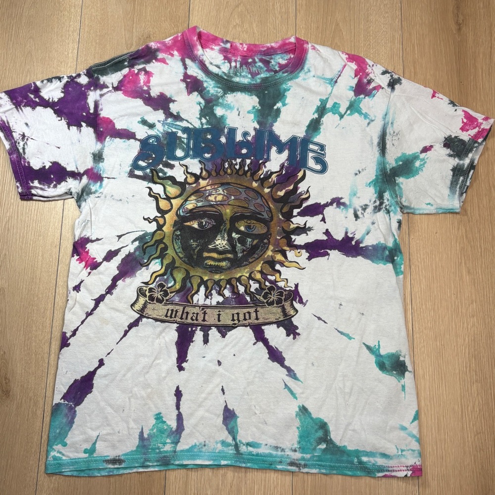Sublime Sun What I Got Tie Dye Graphic T-Shirt Mens Large Purple Teal Pink Tee